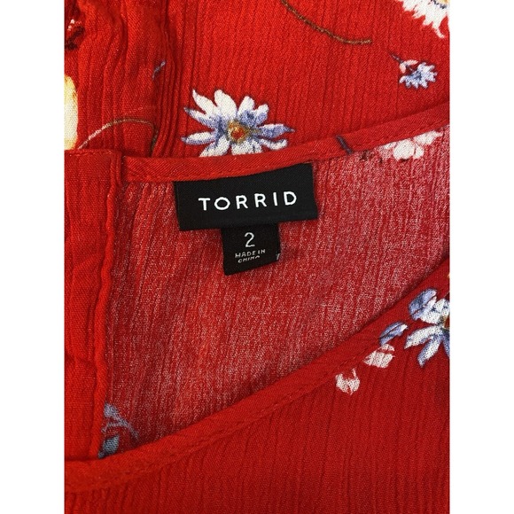 Torrid Red Floral Blouse Top Shirt Back Button Up Capped Sleeve Womens 2X #234 - Picture 3 of 7